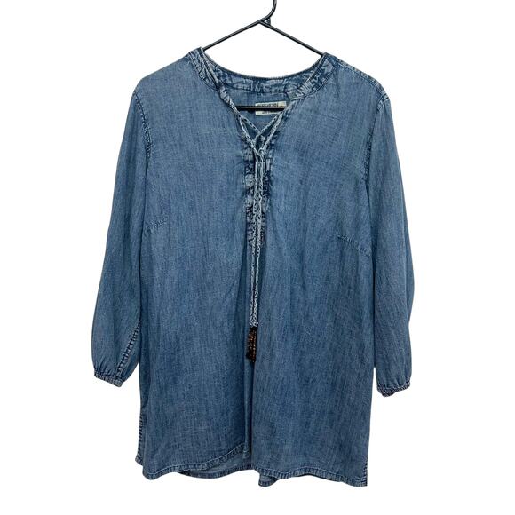 Boho Western Denim Tunic Top Ruff Hewn 1X Chambray Beaded Tassel - Picture 1 of 8